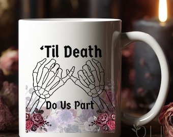 Taza de boda de Halloween "Hasta la muerte" Regalo gótico para parejas Regalo de boda alternativo Taza de café con esqueleto Taza de café con estampado floral morado espeluznante Regalos para la temporada de Halloween
