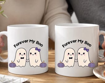 Taza de fantasma adorable de Halloween "Forever My Boo" para parejas, decoración del hogar, regalos para recién casados en la temporada de Halloween, taza para amantes de los fantasmas con calabaza morada.