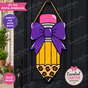 May include: A hanging door sign shaped like a yellow pencil with a pink eraser, a large purple bow, and a leopard print pattern at the base. The sign is suspended by a brown rope and features a black outline, designed for decorative display.