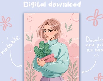Linda ilustración para imprimir en casa // Ilustración imprimible // Descarga instantánea // Ilustración de niña linda // Ilustración de amante de las plantas // Niña dulce //