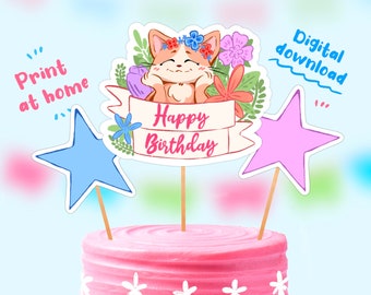 Adorno para pastel de gatito, fiesta de cumpleaños de gatito, adorno para pastel de gato, adorno para pastel de estrellas, descarga instantánea, imprimible