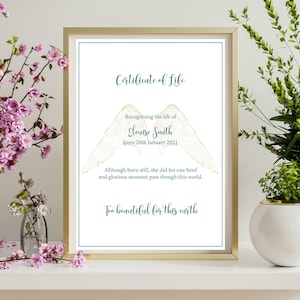 Impresión personalizada Angel Baby, certificado de vida de alas conmemorativas