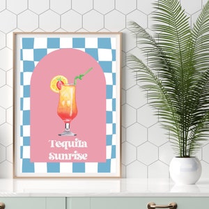 Tequila Sunrise Cocktail Wall Art Print, Retro Maximalist Bar Póster