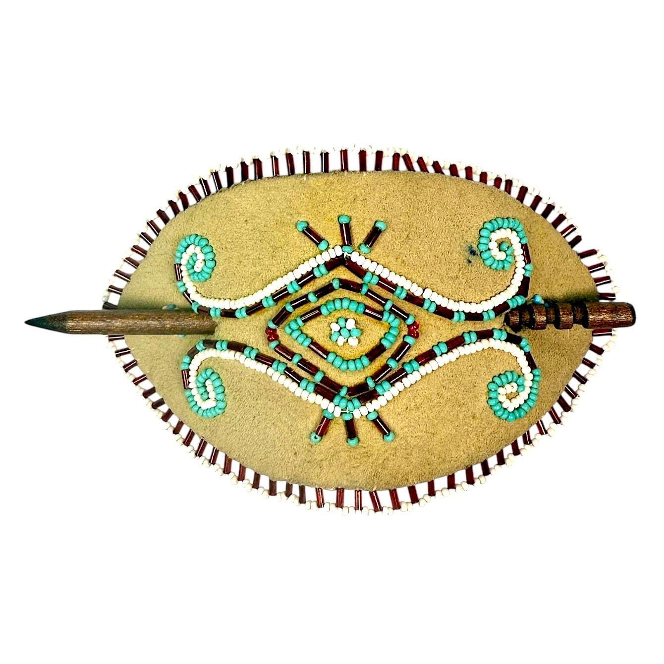 Beaded Buckskin Deer Suede Hair Tie Stick Cover Oval  display picture 2