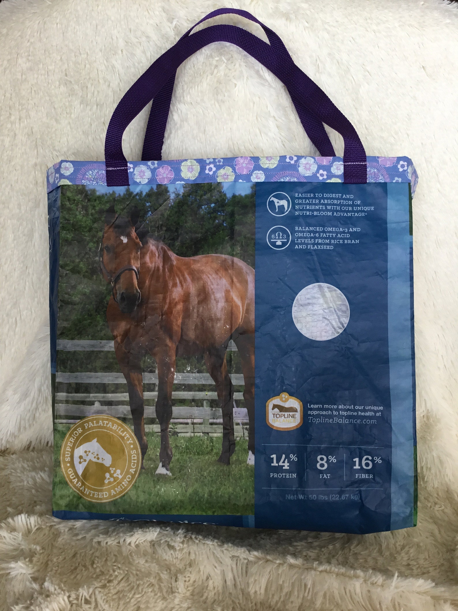 Upcycled Horse Feed Sack Fully Lined With Purple Flower Fabric Etsy