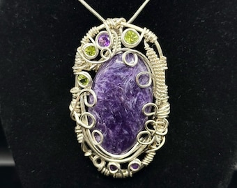 Charoite, peridot, & amethyst pendant