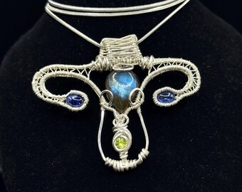 Uterus & ovaries pendant featuring labradorite, blue kyanite, and peridot in sterling silver