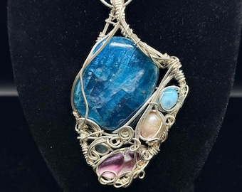 Blue apatite, larimar, pearl, chalcedony & scallop shell pendant