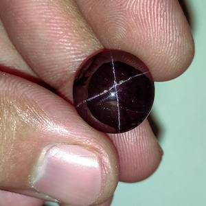 May include: A dark red star-shaped gemstone with a six-pointed star in the center.