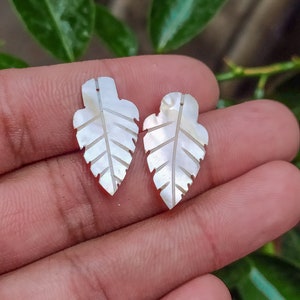 Mother of pearl front drilled carved leaves. 25x12 mm.