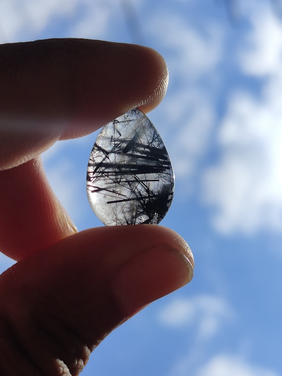 Natural Tourmalinated Quartz Cabochon, 15x22 Rutilated Quartz