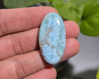 Natural Larimar Cabochon | Blue Pectolite Gemstone with Hematite Matrix (20x37mm)