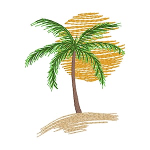 Könnte beinhalten: Eine gestickte Darstellung einer Palme mit einer gelben Sonne dahinter. Die Palme ist grün und braun, und die Sonne ist gelb mit orangefarbenen Streifen. Der Baum steht auf einem kleinen braunen Sandhügel.