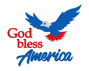 May include: A red, white, and blue American flag with a bald eagle flying above it. The text "God bless America" is written below the eagle.