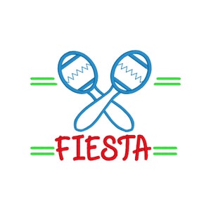Puede incluir: Dos maracas azules con patrones de zigzag blancos cruzados entre sí con la palabra "FIESTA" en rojo debajo. Líneas verdes a cada lado de las maracas y la palabra "FIESTA".
