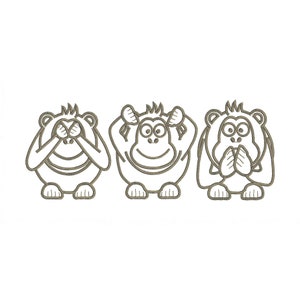 Puede incluir: Tres monos de dibujos animados en fila, cada uno en una pose diferente. Uno se cubre los ojos, otro los oídos y el último la boca. Los monos están delineados en color marrón claro, con fondo blanco.