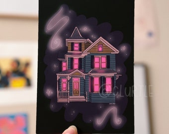 May include: A hand-drawn illustration of a two-storey house with pink lights in the windows. The house is set against a dark background with stars and swirls.