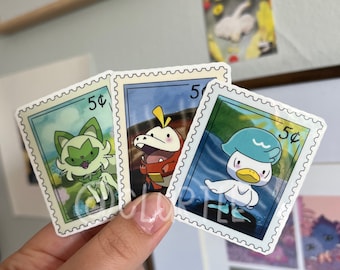 Pegatinas troqueladas con forma de sello postal de Paldea Pals / Sprigatito, Fuecoco, Quaxly