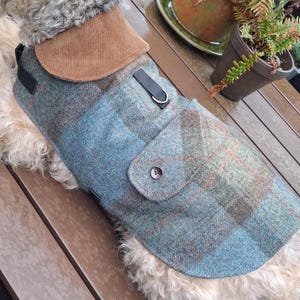 Op de afbeelding: Een hondenjas met een blauw en groen ruitpatroon van wol en een bruine corduroy kraag. Het kledingstuk is voorzien van een zijzak met een enkele knoopsluiting, zwarte nylon banden en een metalen D-ring voor een riem of een accessoire.