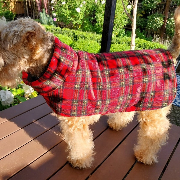 Manteau sec pour chien avec doublure en éponge absorbante, taille XS, taille Small, taille Med, taille Large, taille XL, manteau sec pour chiot en polaire, polaire pour chien tartan rouge