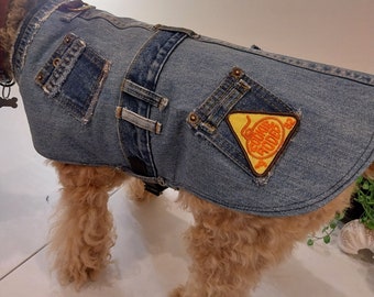 Dog coat in recycled Denim,Dog coat size Med,Puppy dog coat in Denim,Denim dog coat with Cotton Corduroy lining,Hand made in recycled Denim