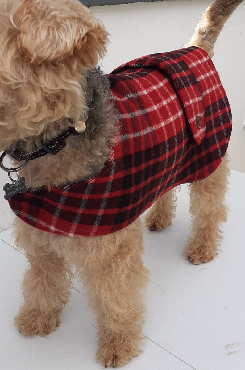 Wool Dog Coat in Red Tartan With Recycled Soft Denim Lining,size Small