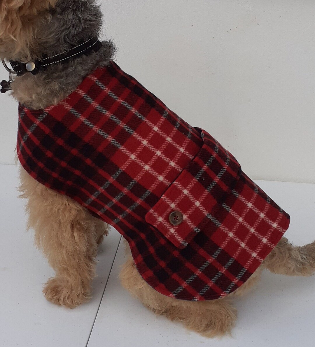 Wool Dog Coat in Red Tartan With Recycled Soft Denim Lining,size Small