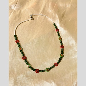 Beaded flower necklace, red and green flower necklace