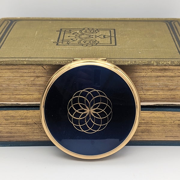 Stratton Compact Mirror - Blue Gold Tone / Vintage 1960 / Button Open Fastening / Blush Compartment Diamond Cut Star Back / Made in England