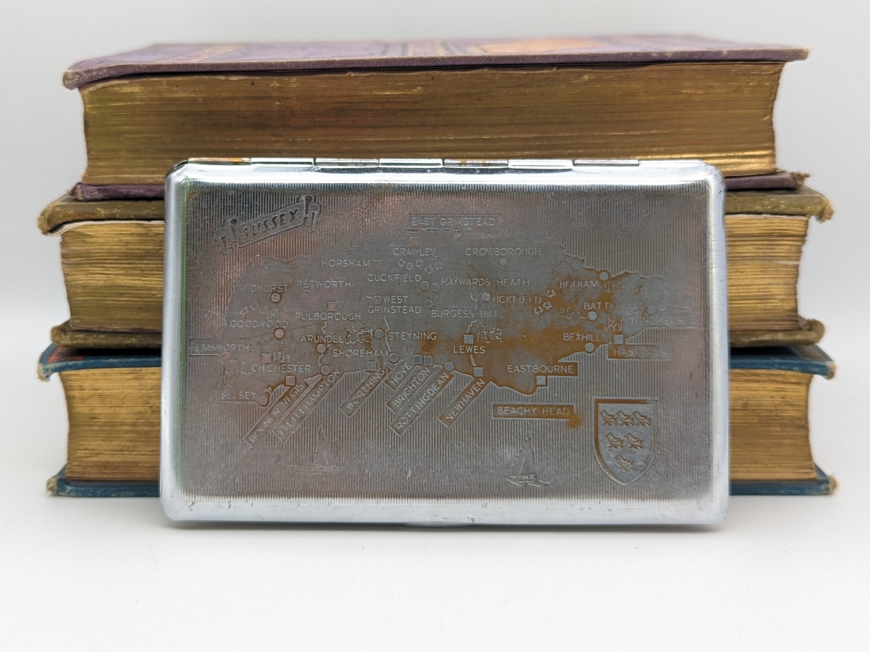 Tallent Cigarette Case Map of Sussex - Push Button Opening / Vintage 1950s / Sussex Flag / Branded Made in England / Blank Plaque
