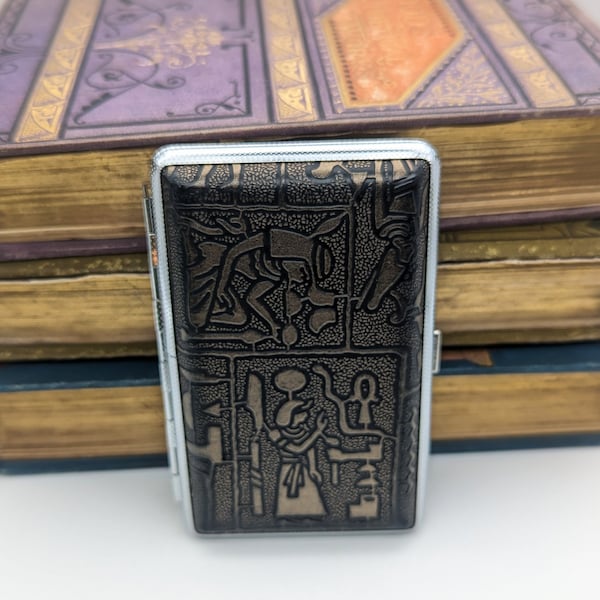 Egyptian Hieroglyphs Cigarette Case with Elastic Tie - Push Button Opening / Vintage Egypt Souvenir / Wall Art / Carrying Baskets / Present