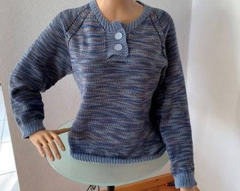 Blau-grauer Raglanpullover für Frauen/Mädchen Größe 40 gestrickt Geschenketipp