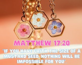 Matthew 17:20 Forget me not Flower Necklace Mustard Seed, Christian Jewelry, Mustard Seed Jewelry, Move Mountains, Christian Gift.