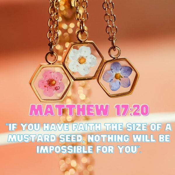 Matthew 17:20 Forget me not Flower Necklace Mustard Seed, Christian Jewelry, Mustard Seed Jewelry, Move Mountains, Christian Gift.