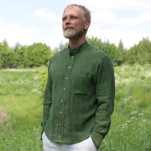 Men&#39;s Linen Shirt, Band Collar Shirt, Classic Button-Down Summer Shirt for Men, Long Sleeve Shirt, Classic Fit Men&#39;s Dress Shirt