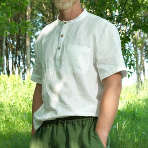 White Men&#39;s Linen Shirt, Short Sleeve Shirt, Band Collar Shirt, Lightweight Summer Shirt for Men, Classic Fit Men&#39;s Dress Shirt