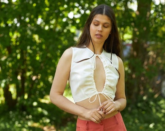 Linen top tie front, Elegant summer top, Linen top for women, Linen boho top, Linen blouse, Linen lace blouse, Crop top, Sleeveless tank top