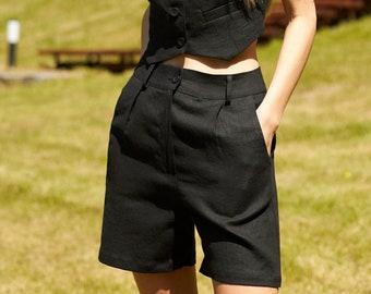High Waisted Linen Shorts: Summer Office Wear with Pockets