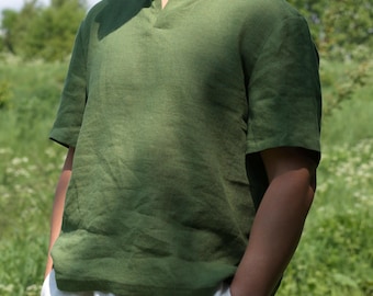 Green Linen V-Neck Tee: Relaxed-Fit Organic Flax Shirt
