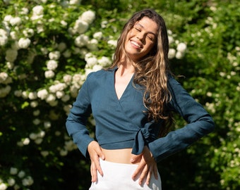 Elegant Linen Wrap Top: Long Sleeve V-Neck Blouse
