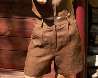 Pantalones cortos de lino de cintura alta: pantalones cortos de oficina de verano para mujer con bolsillos
