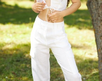 Linen Cargo Pants: Straight Leg Washed Flax Summer Trousers (Size S/M)