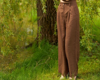 Brede linnen broek, aangepaste lengte linnen broek voor dames, hoog getailleerde flodderige linnen broek, zware bruine linnen broek, Petite Tall linnen broek