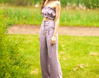 Linen pants and top set for women, High waist pants and crop top two piece set, Summer linen clothing, Wide leg trousers tall petite