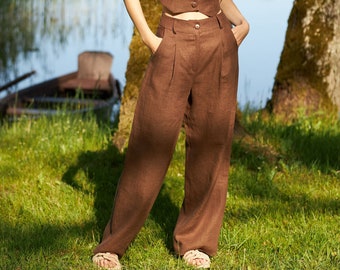 Wide Leg Linen Pants: High Waisted Brown Trousers, Custom Length