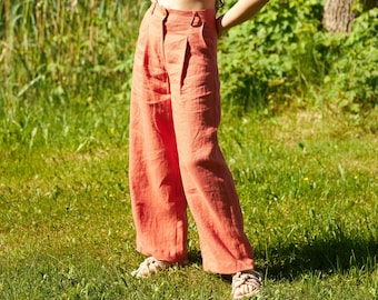 Leinenhose mit weitem Bein: Schwere Leinenhose mit hoher Taille und Taschen