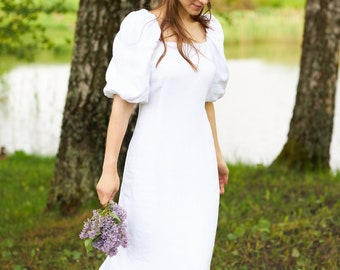 Long puffy sleeve linen dress, Elegant linen summer dress, Linen clothing, Linen capsule wardrobe, Organic natural linen wedding dress