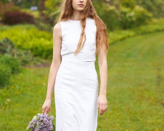 Linen skirt and top set, Natural organic linen two piece set, Unique white linen rustic wedding gown, Linen clothing, Summer linen set