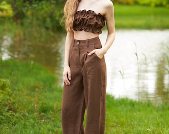 Linen pants and top set for women, Loose pants and crop top two piece set, Linen clothing, Wide leg high waist linen trousers tall petite