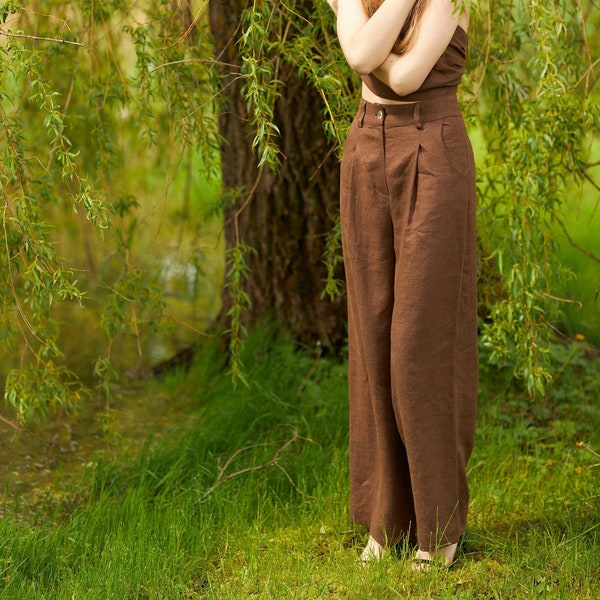 Wide linen pants, Custom length linen pants for women, High waisted baggy linen trousers, Heavy brown linen pants, Petite Tall linen pants